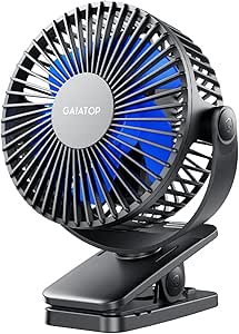 gaiatop Portable Clip on Fan Battery Operated, Small Powerful USB Desk Fan, 3 Speed Quiet Rechargeable Mini Table Fan, 360° Rotate Personal Cooling Fan for Home Office Stroller Camping Black Blue