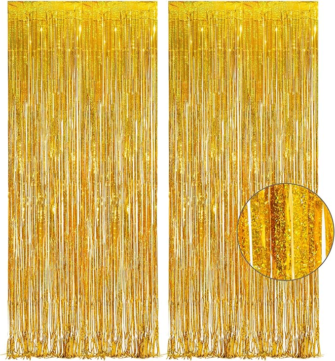 Gold Fringe Curtain Tinsel Backdrop - GREATRIL Foil Fringe Curtain Party Decor Streamers for New Years Eve 2026 Birthday Christmas Engagement Graduation 2026 Hawaiian Party Decorations Pack of 2