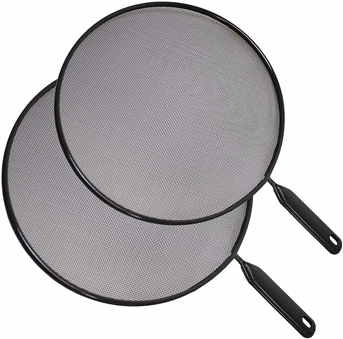 2PC Set Splatter Screen Guard for Frying Pan Stops 99% of Hot Oil Splash Protects Skin from Cooking Iron Skillet (24-28cm), Black