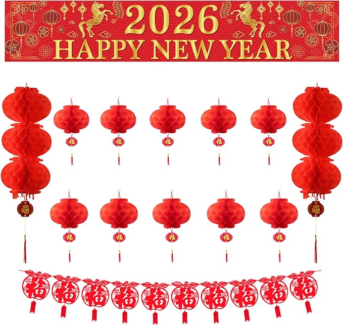 13 PCS Chinese New Year Decorations 2026 Horse Year'S Happy Banner Lunar New Year Decorations Banner Chinese Lanterns Decorations Honeycomb Lanterns Indoor Outdoor Party Family Living Room Supplies