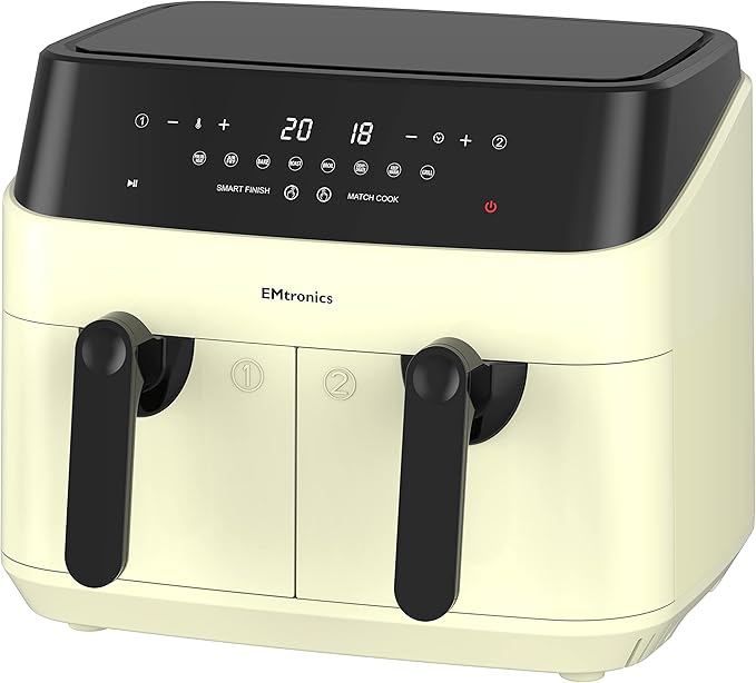 EMtronics EMAFDD9LCR Dual Air Fryer Extra Large Family Size Double XL 9 Litre with 8 Adjustable Pre-Set Menus for Oil Free & Low Fat Healthy Cooking, Easy Clean Metal Interior, 99-Minute Timer - Cream