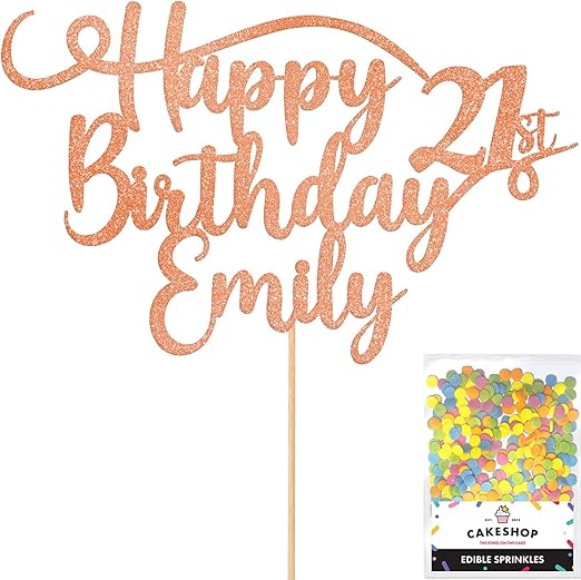 Personalised Happy Birthday Glitter Cake Topper - Rose Gold Any Name & Any Age Glitter Cake Decoration and Sprinkles - Happy Birthday Decorations - Personalised Toppers for Cakes by Cakeshop