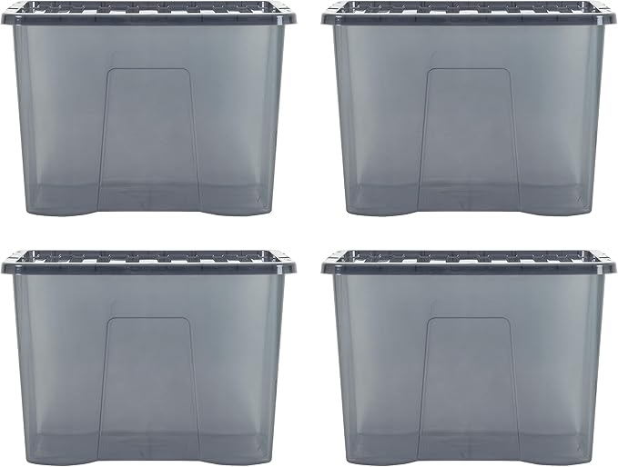Wham Crystal 4 x 80L Stackable Plastic Storage Boxes with Lids | Ideal for Home, Office, Toys & More | Large Boxes | Made in UK - Smoke