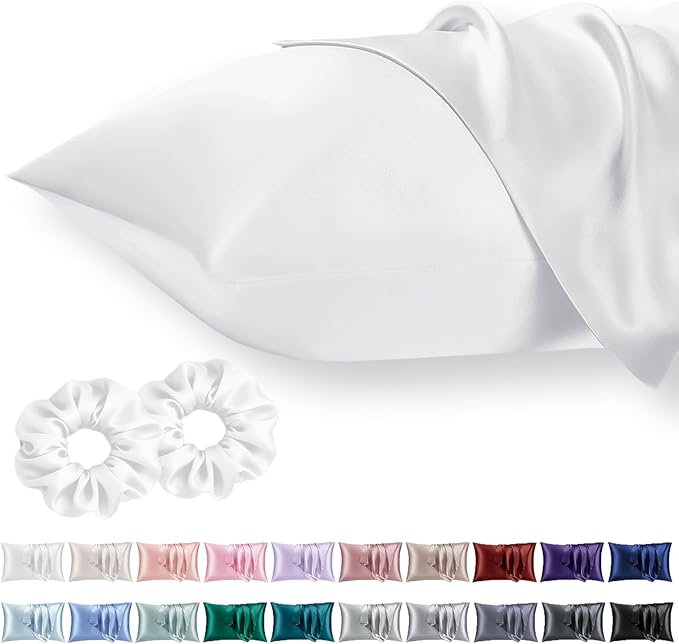 Vielit Standard Satin Pillowcase for Hair 2pc,Similar to Silk Pillow Cases,Easier Care Than Silk Pillowcase,Gifts for Women Men,White,20x26 & Envelope Closure and 2 Satin Scrunchies