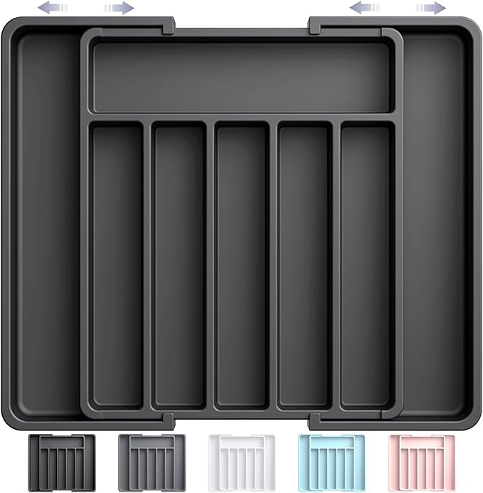 Aujen Cutlery Drawer Organiser - Expandable Kitchen Drawer Storage Organiser, Adjustable Cutlery Tray, Multipurpose Utensil Organisation for Forks, Knives, Black, 34 x 4 x 26~50 cm