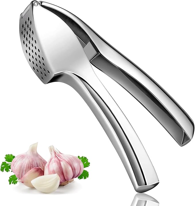 Premium Garlic Press, Heavy Duty Garlic Crusher and Mincer, Crush Garlic and Ginger Effortlessly, No Need to Peel, Rust Proof, Easy to Clean, Dishwasher Safe, Silver