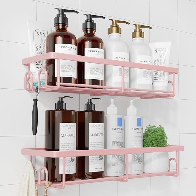 Kitsure 2 Pack Rustproof Shower Caddy - Minimalist Style Bathroom Shelves, Wall-Mounted Shower Shelf, Large Capacity&Durable Bathroom Accessory, Large, Pink
