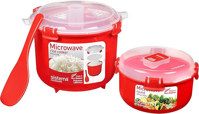 Sistema Microwave Rice Cooker & Round Microwave Food Container Set | 2.6L915ml | Food Containers with Steam-Release Vents | BPA-Free | 2 Count