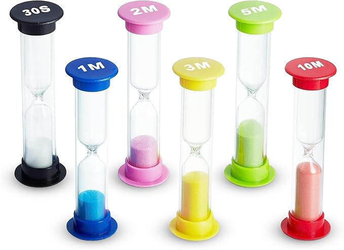 Sand Timer Set of 6, Colorful Hourglass Sand Clocks (30s/1/2/3/5/10 Min), Visual Aid for Kids, Toothbrush Time Keeper, Classroom Essentials for Teachers