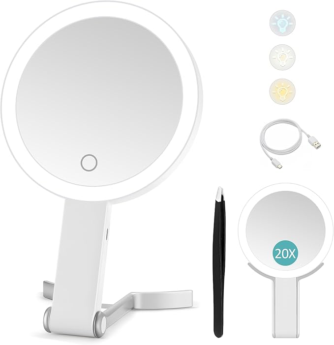 Travel Mirror with Light,Double-sided 20x/1x Magnifying Makeup Vanity Mirror,Rechargeable Adjustable Brightness 3 Colour Lighting,Folding,Handheld/Hangable/Tabletop,3 ways Using Mirror,White