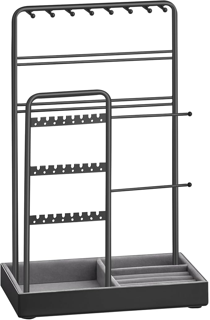 SONGMICS Jewellery Stand, Jewellery Organiser, Jewellery Display Stand with Metal Frame and Velvet Tray, Earring Bracelet Holder, Necklace Stand, for Studs, Rings, Gift Idea, Black JJS021B01