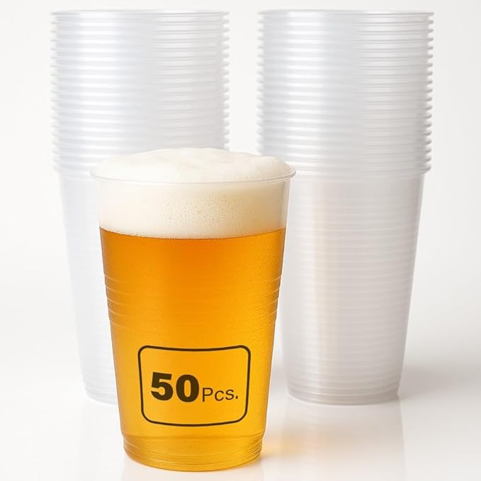 50pc Pint Plastic Cups 560ml Reusable Full Pint Glasses Break Resistant Stackable and Crystal Clear, Flexible Shatterproof Design Perfect for BBQs, Picnics, Weddings, Parties and Outdoor Events