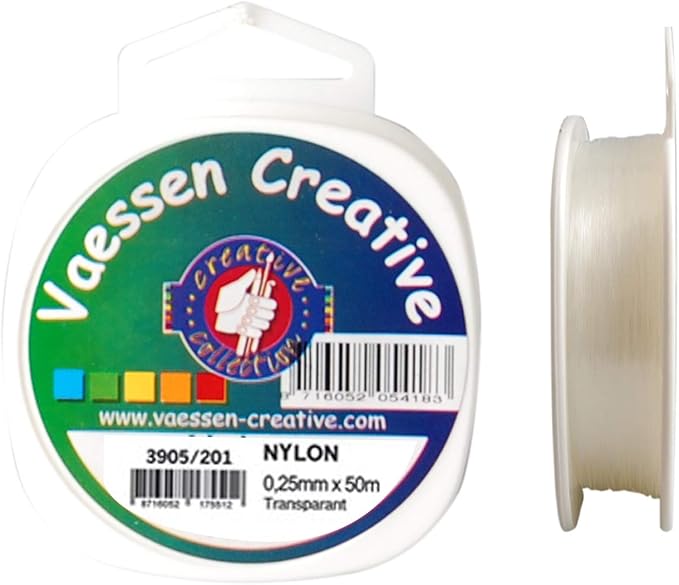 Vaessen Creative Nylon Thread 0.25mm x 50m Spool Transparent Tear-Resistant Nylon Cord for Crafts, Sewing, Beading, Hanging Decorative Items