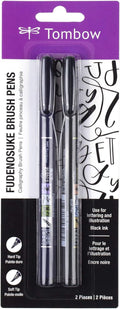 Tombow 62038 Fudenosuke brush pen with soft and hard tip, black, 2 pieces