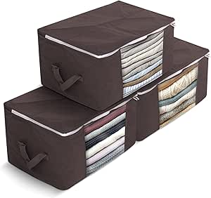 Delka 90L Storage Bags with Lids, Large Storage Boxes with lids, Storage Unit for Clothes, Duvets, Blankets, Toys, Pack of 3 Foldable Organizers with Reinforced Handles and Clear Window (Brown)