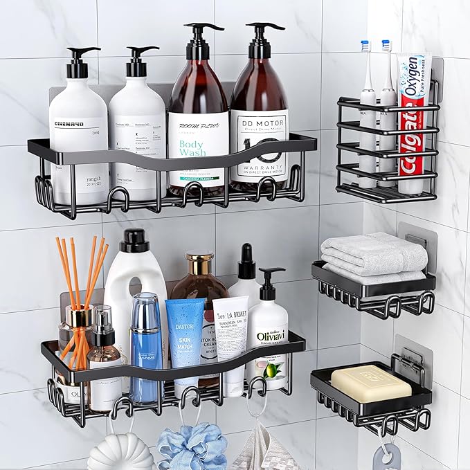 Rustproof Stainless Steel Shower Caddy 5 Pack, Bathroom Storage Accessory Shelf Organiser No Drilling Hanging, Soap Toothbrush Holder Set, Kitchen Wall Mounted Corner Decor, Black