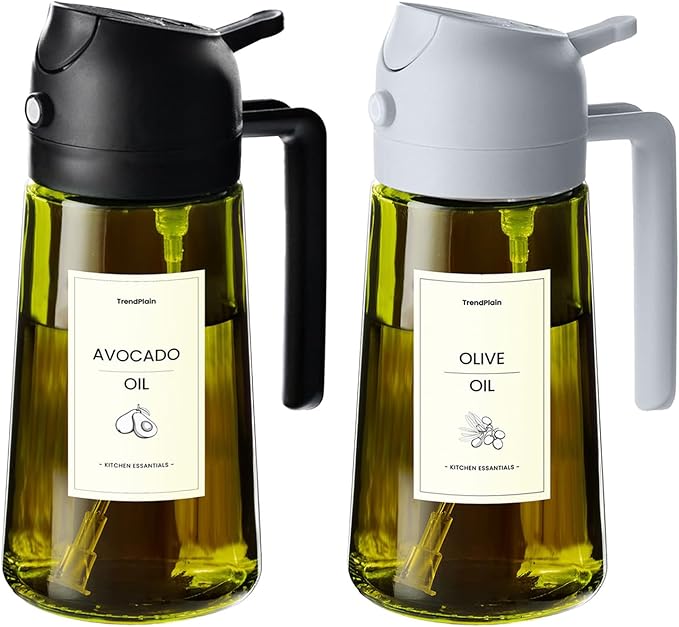 TrendPlain 470ml Olive Oil Spray Bottle - 2 in 1 Olive Oil Dispenser Bottle for Kitchen Accessories - Kitchen Gadgets, For Air Fryer - with Stickers, Light Blocking - Black & Ash