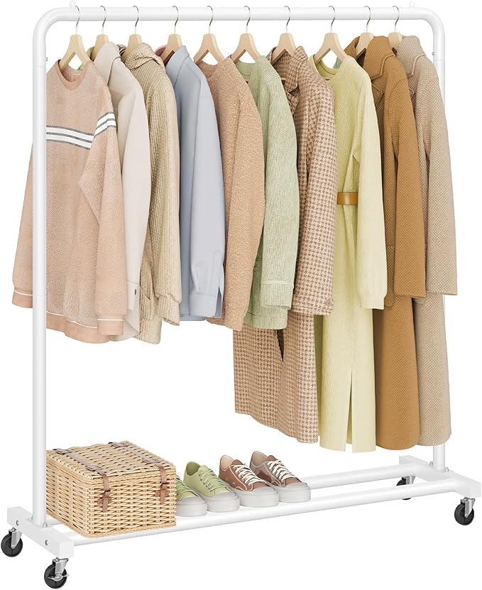 SONGMICS Clothes Rack, Garment Rack on Wheels, Coat Rack, 2 Lockable Wheels, Bedroom, Holds up to 50 kg, 38 x 110 x 141.5 cm, Matte White HSR016WG01