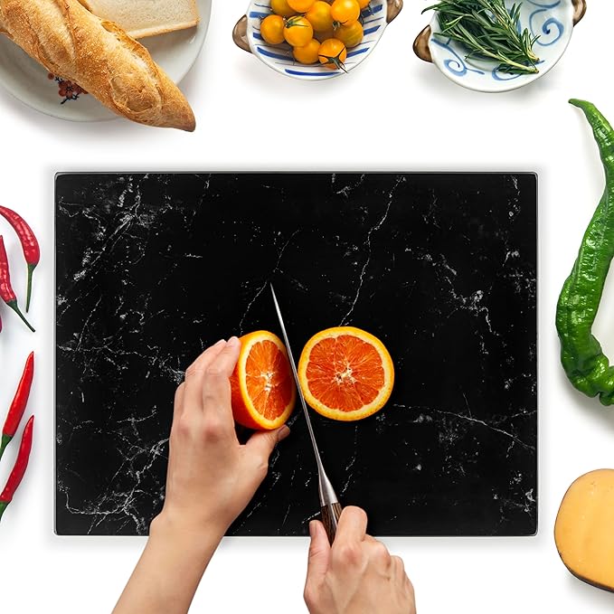 Glass Chopping Board 40x30 cm : Tempered Glass Worktop Savers for Kitchens, Durable, Scratch-Resistant, Heat-Proof - Black Marble Effect