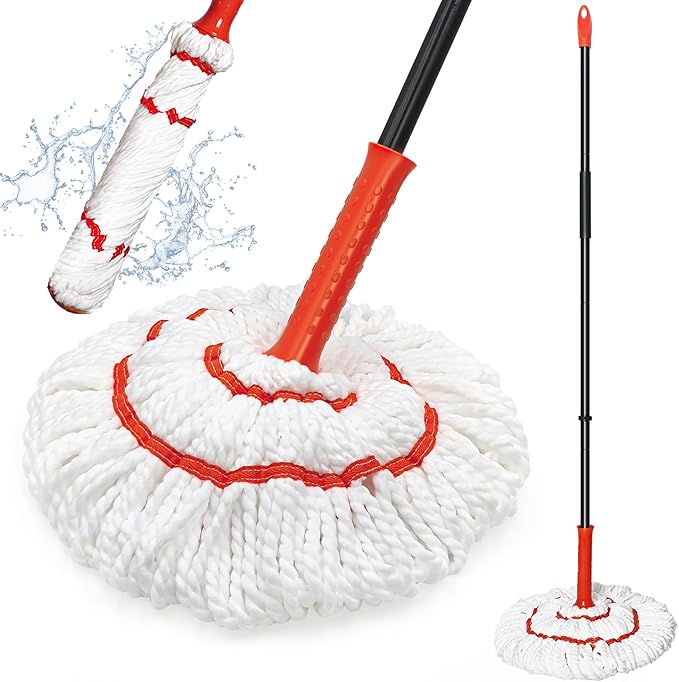 Self Wringing Twist Mop for Floor Cleaning, 145 cm Long Handle Cotton String Mop with Wringer, Washable Microfiber Wet Mops with Scouring Pad for Hardwood, Tile, Bathtub, Kitchen