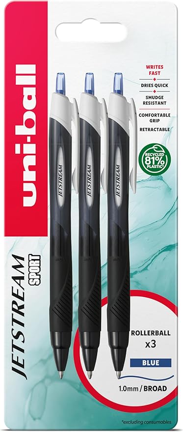uni-ball Jetstream Sport SXN-150S Ballpoint Gel Pens. Premium 1.0mm Rollerball Tip. Smooth Writing Blue Uni Super Ink Dries Instantly. Does Not Smudge. Pack of 3