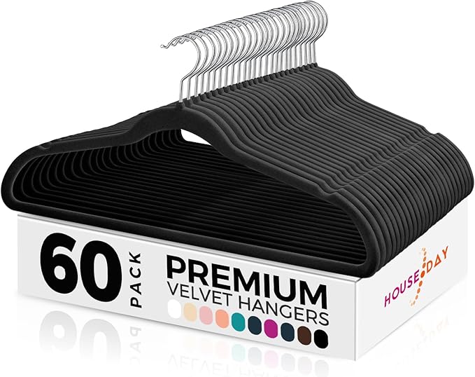 HOUSE DAY Black Velvet Hangers 60 Pack-Premium Clothes Hangers Non-Slip Felt heavy Duty Coathanger, Durable Suit Hanger for Space Saving, No Hanger Marks 360 Rotating (Black, 60 Pack)