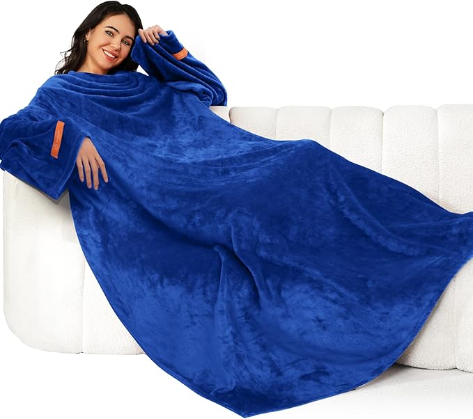 Winthome Blanket with Sleeves, Gift for Women Men Adult, Soft and Cozy Wearable Blanket with Elastic Cuffs, Hook and Loop Fastener (Navy Blue, 140x180cm)