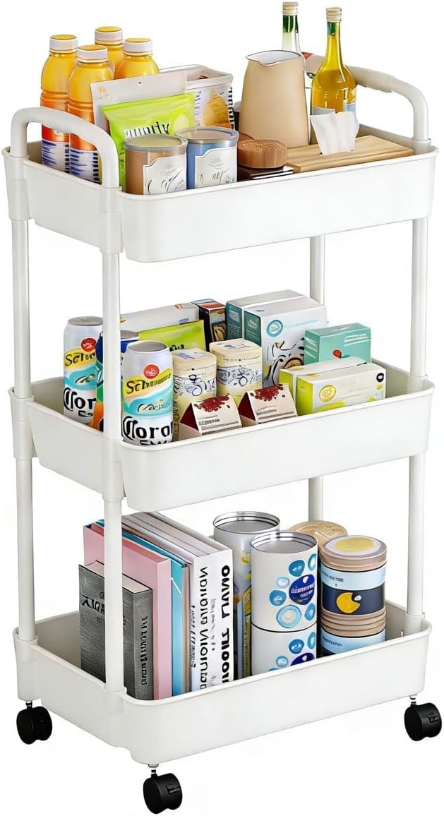 Multibao 3 Tier Storage Trolley Cart on Wheels with Handle Kitchen Bathroom Laundry Narrow Space Rack Space-Saving Mobile Shelving Organizer L35cm x W24cm x H68cm (White)