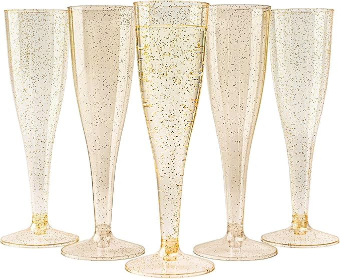MATANA 48 Premium Plastic Champagne Flutes with Gold Glitter, 133ml - Reusable Champagne Glasses, Plastic Flutes, Prosecco Glasses for Cocktails, Wine, Dessert, Weddings, Birthdays, BBQ, Parties
