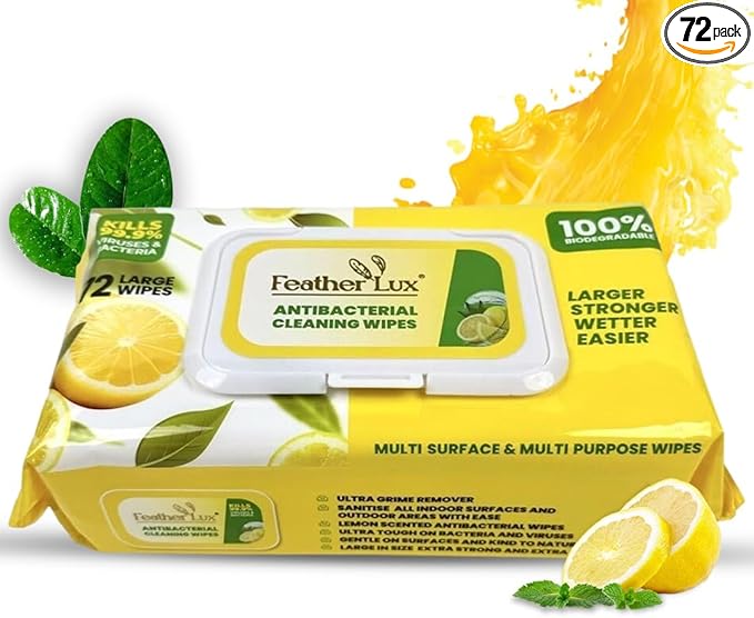 Cleaning Wet Wipes 72 Pack, Lemon Scent – Multi-Surface Antibacterial Cleaner Kills 99.99% Bacteria, Eco-Friendly, Biodegradable Formula, Gentle on Skin for Daily Germ Protection