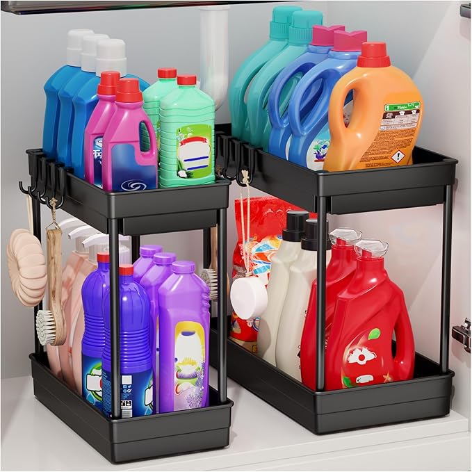 2 Pack Under Sink Storage - 2 Tier Kitchen Storage and Organisation Cupboard Organiser, Under Sink Shelf, Under Cabinet Organizer with Hooks, for Bathroom Kitchen Countertop, 2 Size 1L+1M