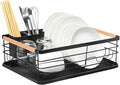 Dish Drainer Rack with Removable Drip Tray - Large Space Saving Kitchen Drying Rack for Plates, Bowls & Cutlery - Rust-Proof Metal Frame with Wooden Handles (BLACK)