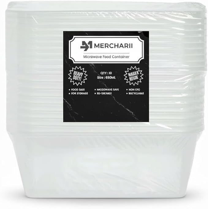 10 × 650ml Plastic food containers with lids, Microwave, and freezer-safe, Heavy-duty, Rectangular, BPA-free, Reusable and Recyclable (650ml)