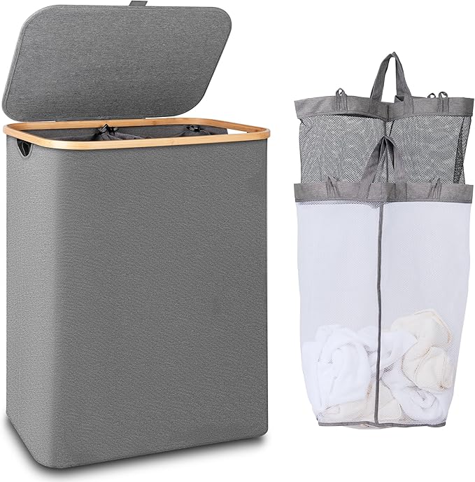 Laundry Basket 2 Compartments 150L, Large Washing Baskets for Laundry with Removable and Washable Inner Bags, Laundry Hamper with Lid and Handle for Bedroom Laundry Room Bathroom (Grey)