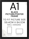 Black A1 Picture Frame - A1 Black Photo Frame Wood, Styrene Acrylic Glass, MDF Back & Hooks - Portrait or Landscape - Ideal for Gallery Wall Decorations - 59.4 x 84.1 cm