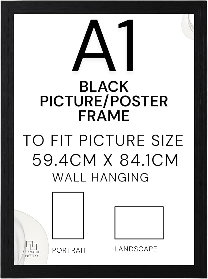 Black A1 Picture Frame - A1 Black Photo Frame Wood, Styrene Acrylic Glass, MDF Back & Hooks - Portrait or Landscape - Ideal for Gallery Wall Decorations - 59.4 x 84.1 cm
