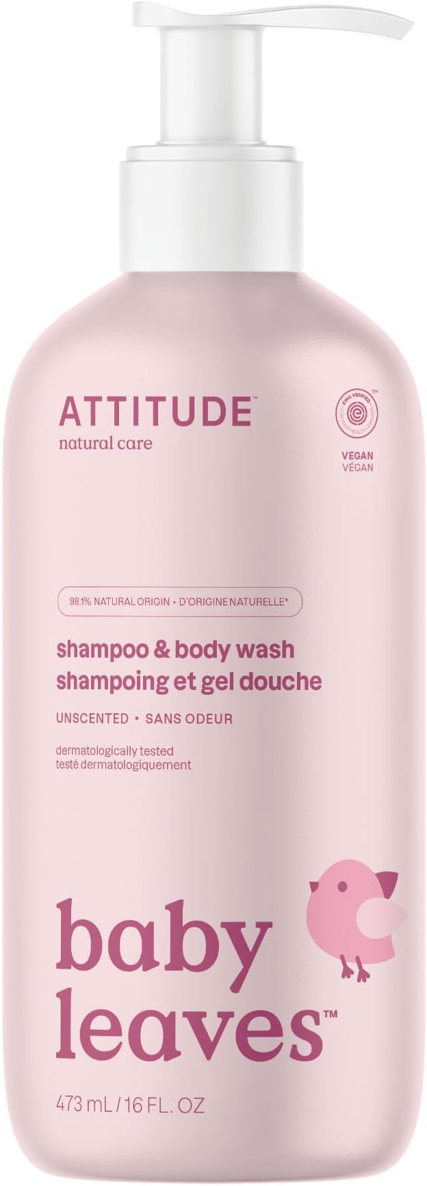 ATTITUDE 2in1 Hair Shampoo and Body Wash for Baby, Plant and Mineral-Based Gentle Formula, EWG Verified, Vegan Baby Products, Unscented, 473 mL