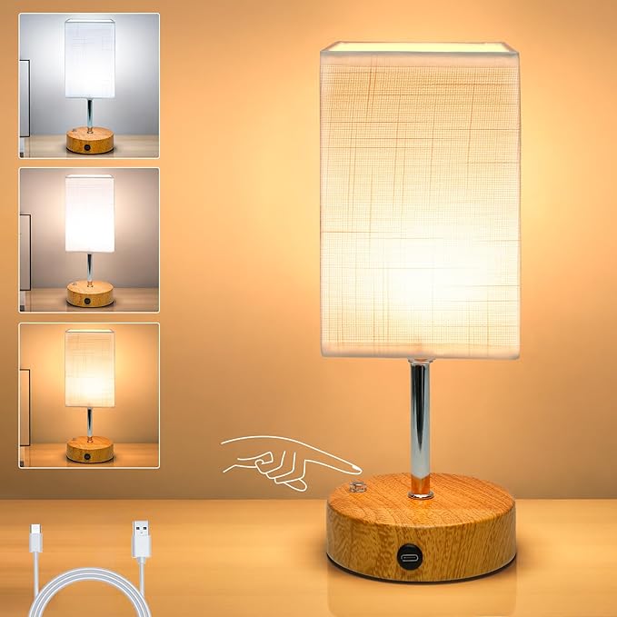 6000mAh Bedside Lamps, 10.8" Touch Control Rechargeable Table Lamp with Wood Grained Base & Fabric Lampshade, Dimmable Minimalist Wireless Battery Lamp for Living Room Bedroom Office Kids Decor[Energy Class F]