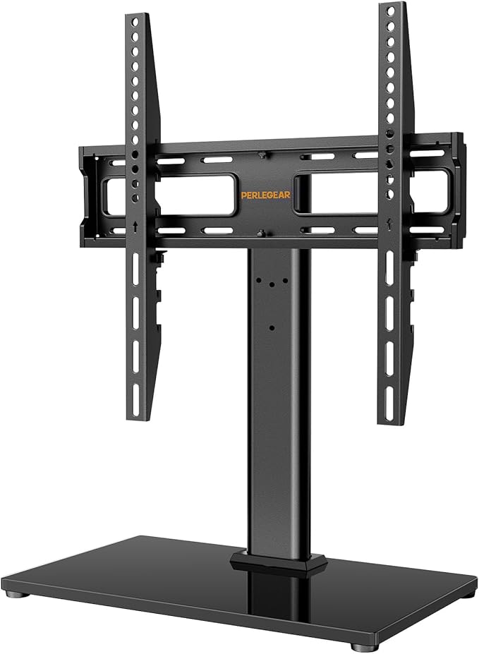Perlegear Universal Swivel TV Stand, Table Top TV Stands for 26-60 inch LCD LED TVs, Height Adjustable TV Base Stand with Tempered Glass Base Wire Management, Holds 40 KG & Max VESA 400x400mm