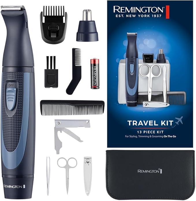 Remington Hygiene Travel Kit with Case (13 Pieces for Hair, Manicure, Pedicure etc., Beard Trimmer, Ear Hair, Facial Hair & Eyebrow Trimmer, Nail Clipper, Scissors, Tweezers, 2 Combs etc.) NE3890