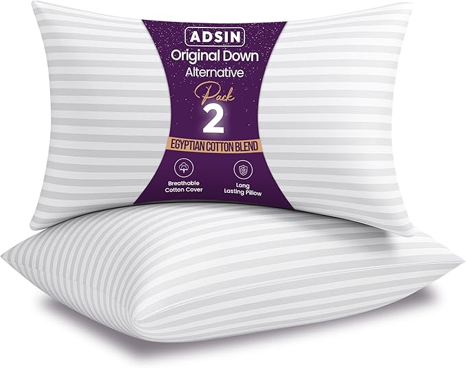 Stripe Bed Pillows, Bounce Back Premium Polyester Hypoallergenic And Dust Mite Resistant Hotel Luxury Sleep Pillows, for Back and Side Sleepers Pillow (Soft, Pack of 2)