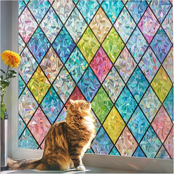 Beautysaid Rainbow Window Film Privacy: Stained Glass Self Adhesive, No-Glue Frosted Window Tint, Static Cling，UV Window Film Home (Multicolor, 44.5x200cm）