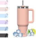 WATERSY Travel Mug Coffee Cup 40oz Tumbler Straw Lid and Handle, Stainless Steel Double Wall Vacuum Insulated Coffee Water Bottle Thermal for Cold Hot Coffee 1182ml Pink