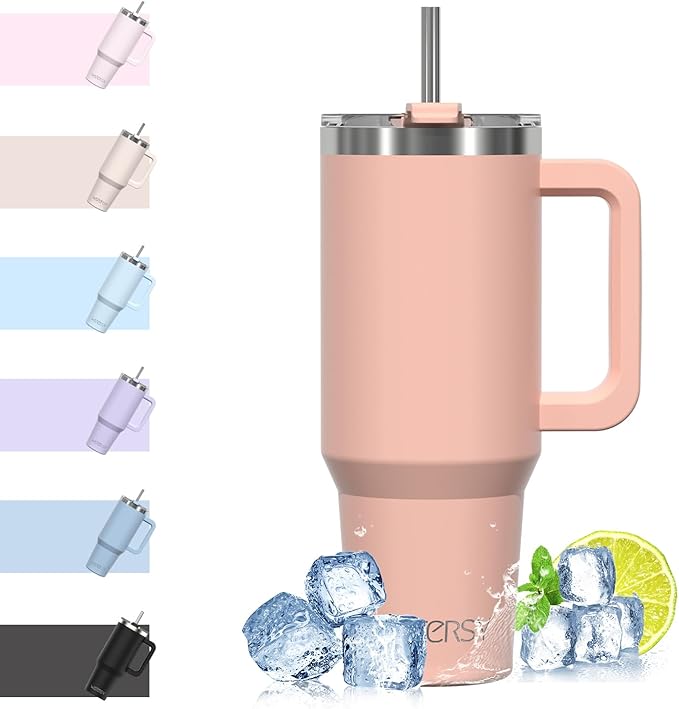 WATERSY Travel Mug Coffee Cup 40oz Tumbler Straw Lid and Handle, Stainless Steel Double Wall Vacuum Insulated Coffee Water Bottle Thermal for Cold Hot Coffee 1182ml Pink