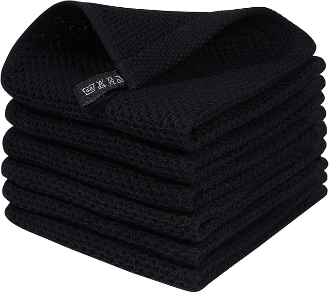 100% Cotton Kitchen Cleaning Cloths, Highly Absorbent Soft Dish Cloths, Quick Drying Kitchen Accessories for Washing Up, Pack of 6, 30 x 30 cm, Black