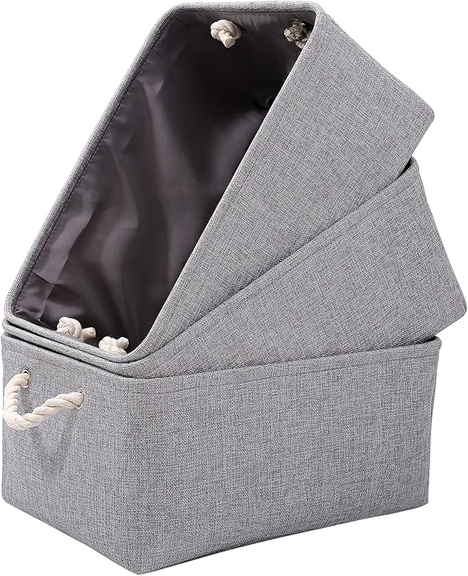 Small Grey Storage Box with Handles, 3 Pcs Thicken Canvas Storage Boxes, Wardrobe Storage Baskets, Collapsible Linen Storage Box for Toys, Clothes and Other Sundries (Grey, 31x21x16cm)