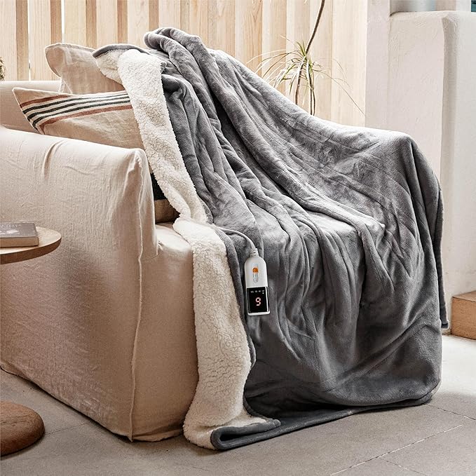 GOTCOZY Heated Blanket Electric Throw 130x160cm -Soft Silky Plush Heated Blanket with 6 Heat Settings & 10 Hours Auto-Off Timer For Home Office Use Machine Washable(Grey)