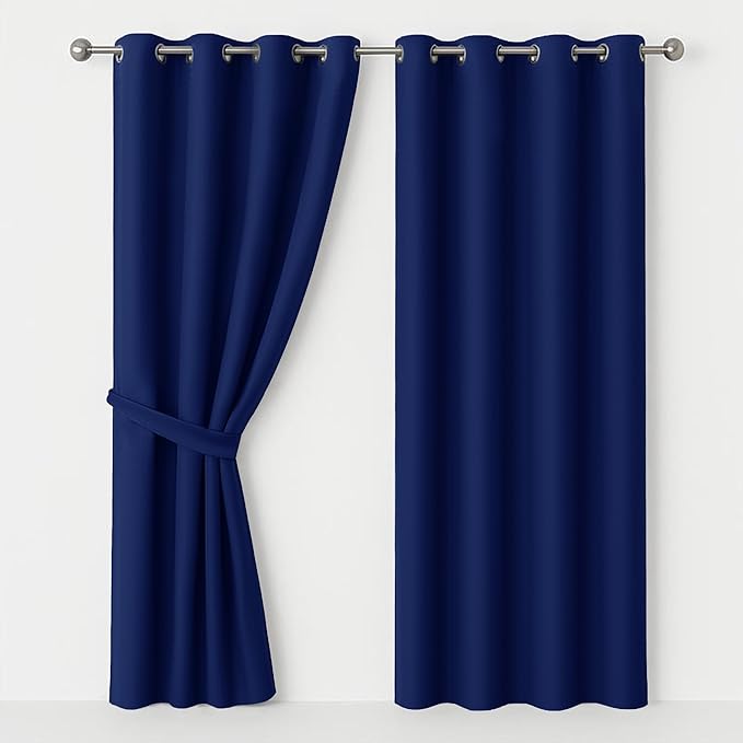 AMEHA Blackout Eyelet Curtains Thermal Insulated Navy Curtains for Bedroom Darkening Noise Reducing Drapes Curtain 46 X 54 Inch 2 Panels with Tiebacks