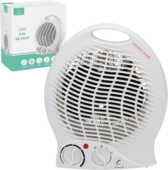 Electric Heater - 2KW Fan with 2 Heat Settings & Cooling Function - Portable with Adjustable Thermostat - Low Energy Silent Heating for Home, Office & Indoor Use - White