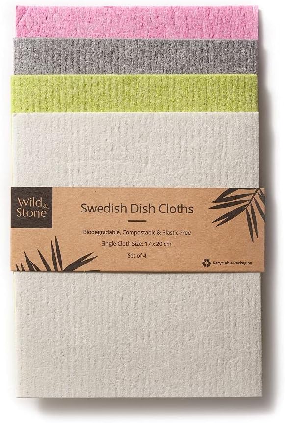 Wild & Stone | Swedish Dishcloth | Eco-Friendly Sponge Cloth | Biodegradable Cleaning Cloths | Reusable Sponge | Kitchen Cloth | Eco Cleaning | Paper Towel Alternative (1 x 4-pack)